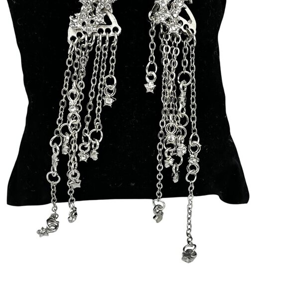 Cubic Zirconia Star Tassel Dangle Drop Earrings Silver-Tone Long Chain Design - Picture 5 of 8